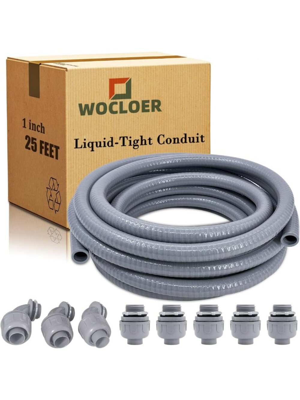 Flexible 1" Liquid Tight Electrical Conduit Kit, 25ft with Connectors & Fittings